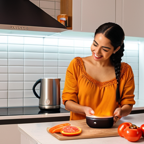 **Image Prompt:** A vibrant, modern Spanish home kitchen. A Latina woman is happily cooking, using voice commands with a smart speaker (like an Alexa or Google Home) to play music while her hands are full. Emphasis on warm lighting and a realistic, relatable scene. (Think "Domótica Hablada" section, emphasizing convenience and daily life).
