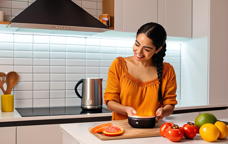 **Image Prompt:** A vibrant, modern Spanish home kitchen. A Latina woman is happily cooking, using voice commands with a smart speaker (like an Alexa or Google Home) to play music while her hands are full. Emphasis on warm lighting and a realistic, relatable scene. (Think "Domótica Hablada" section, emphasizing convenience and daily life).
