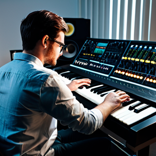 A focused, professional sound designer, fully clothed in a modest long-sleeved shirt and trousers, with hands delicately adjusting knobs and faders on a large, sleek hardware synthesizer. The setting is a clean, modern music studio with warm ambient lighting and subtle background elements like studio monitors and headphones. The image captures the essence of tactile sound creation. safe for work, appropriate content, perfect anatomy, correct proportions, natural pose, well-formed hands, proper finger count, natural body proportions, professional dress, high quality professional photography.