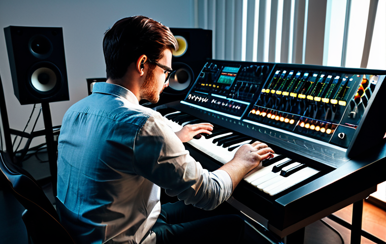A focused, professional sound designer, fully clothed in a modest long-sleeved shirt and trousers, with hands delicately adjusting knobs and faders on a large, sleek hardware synthesizer. The setting is a clean, modern music studio with warm ambient lighting and subtle background elements like studio monitors and headphones. The image captures the essence of tactile sound creation. safe for work, appropriate content, perfect anatomy, correct proportions, natural pose, well-formed hands, proper finger count, natural body proportions, professional dress, high quality professional photography.