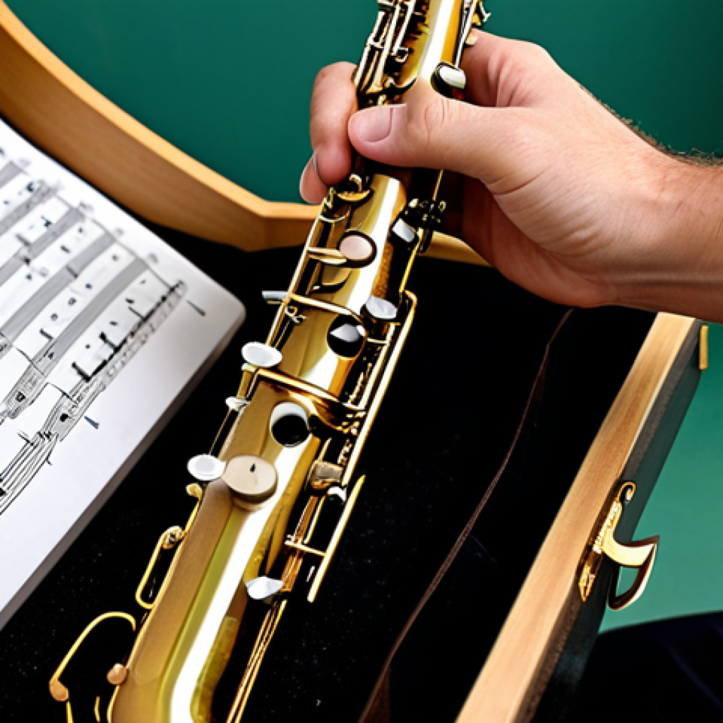 Reed Storage**

"Close-up of a saxophone player carefully placing a fully clothed reed into a humidity-controlled reed case, appropriate content, safe for work. The case features a hygrometer displaying ideal humidity levels. Background shows a tidy music room with sheet music and a saxophone stand. Professional lighting, perfect anatomy (hands), natural proportions, modest clothing, professional image."

**