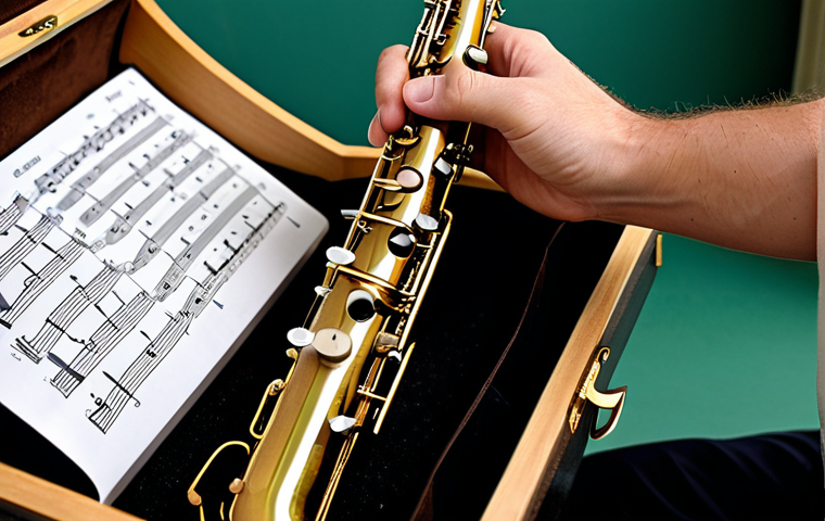 Reed Storage**

"Close-up of a saxophone player carefully placing a fully clothed reed into a humidity-controlled reed case, appropriate content, safe for work. The case features a hygrometer displaying ideal humidity levels. Background shows a tidy music room with sheet music and a saxophone stand. Professional lighting, perfect anatomy (hands), natural proportions, modest clothing, professional image."

**