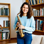 Saxophone Practice at Home**

"A young adult, focused and smiling slightly, practicing the saxophone in a comfortable, well-lit living room in Madrid.  She is wearing a casual, comfortable outfit (jeans and a sweater), fully clothed, appropriate attire.  A music stand with sheet music is in front of her.  Bookshelves and family photos are visible in the background, creating a warm and inviting atmosphere. Safe for work, family-friendly, perfect anatomy, natural pose, professional quality, well-formed hands, proper finger count, realistic, photograph."

**