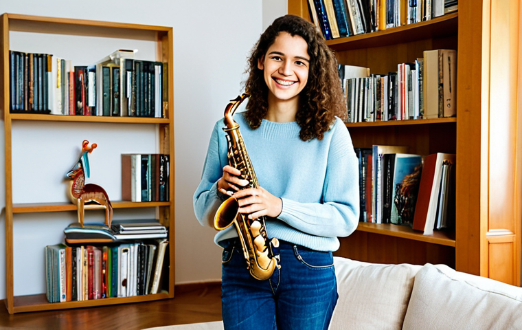 Saxophone Practice at Home**

"A young adult, focused and smiling slightly, practicing the saxophone in a comfortable, well-lit living room in Madrid.  She is wearing a casual, comfortable outfit (jeans and a sweater), fully clothed, appropriate attire.  A music stand with sheet music is in front of her.  Bookshelves and family photos are visible in the background, creating a warm and inviting atmosphere. Safe for work, family-friendly, perfect anatomy, natural pose, professional quality, well-formed hands, proper finger count, realistic, photograph."

**
