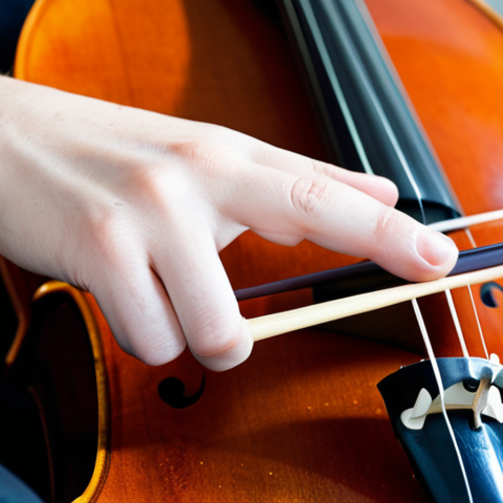 첼로 활 잡는 방법 - Relaxed Hand**

"A close-up photo of a cellist's hand holding a bow, demonstrating a relaxed grip, f...