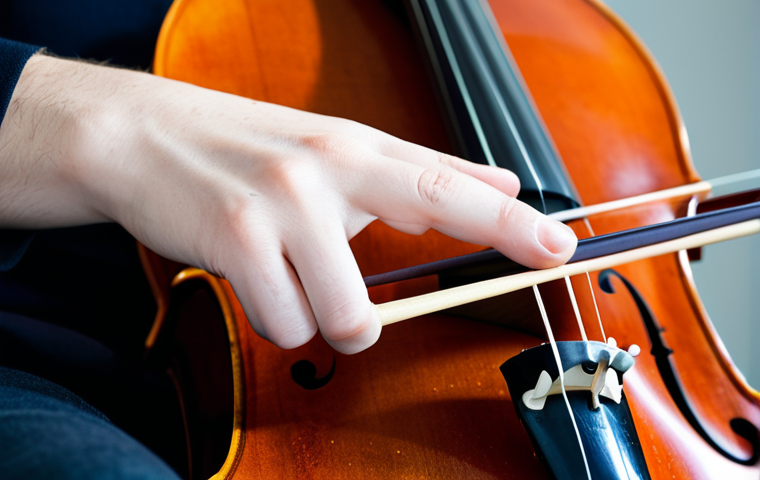 첼로 활 잡는 방법 - Relaxed Hand**

"A close-up photo of a cellist's hand holding a bow, demonstrating a relaxed grip, f...