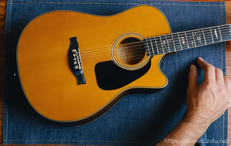 기타 줄 감는 방법 - **Prompt:** A focused, overhead shot of a guitarist's hands (gender neutral) meticulously cleaning t...