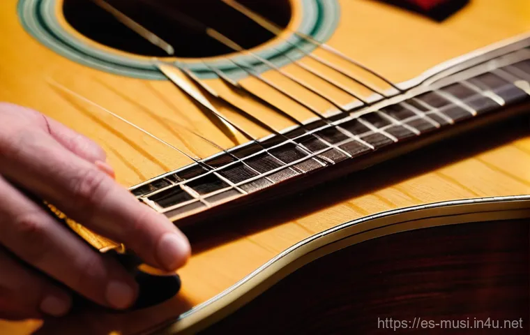 기타 줄 감는 방법 - **Prompt:** A focused, overhead shot of a guitarist's hands (gender neutral) meticulously cleaning t...
