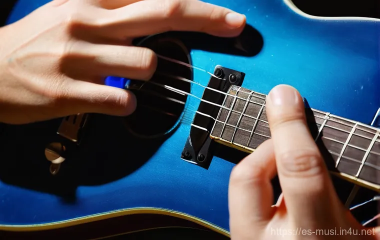 기타 줄 감는 방법 - **Prompt:** A detailed close-up shot of a new, shiny bronze-wound string being correctly installed o...