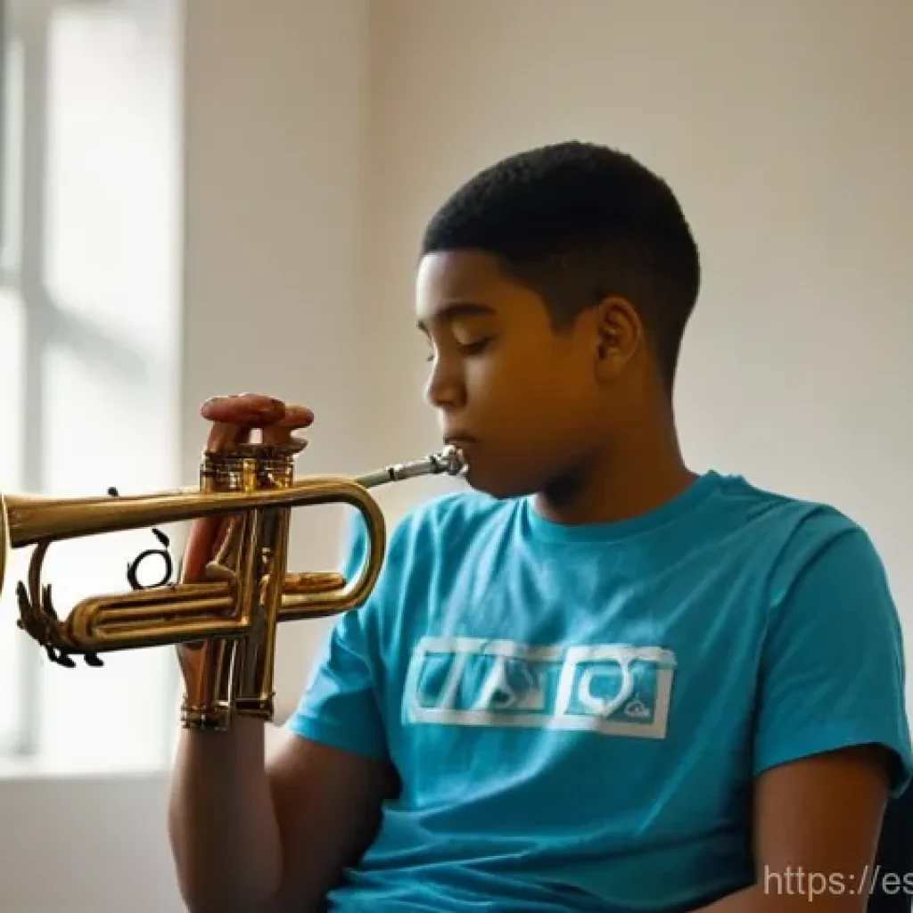 트럼펫 연주 테크닉 - **Prompt:** A young trumpet player, in their late teens or early twenties, with a focused and serene...