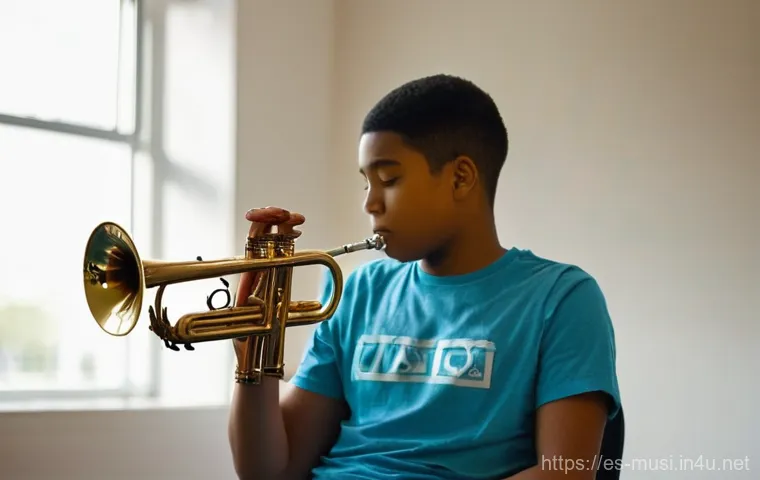 트럼펫 연주 테크닉 - **Prompt:** A young trumpet player, in their late teens or early twenties, with a focused and serene...