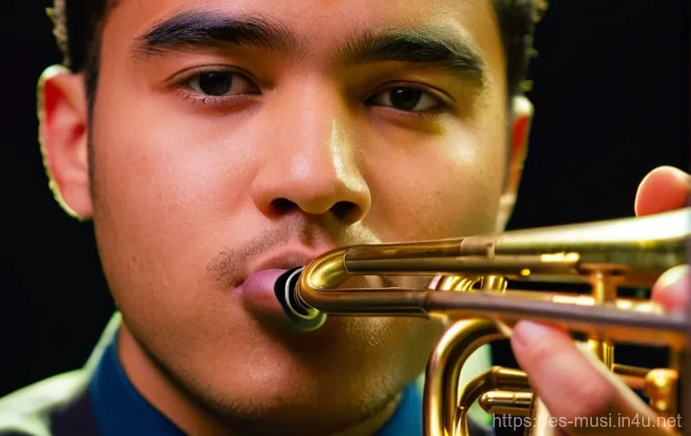 트럼펫 연주 테크닉 - **Prompt:** A young trumpet player, in their late teens or early twenties, with a focused and serene...