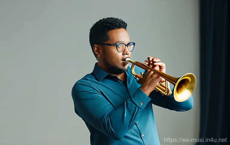 트럼펫 연주 테크닉 - **Prompt:** A close-up portrait of a male or female trumpet player, aged 20-30, showcasing their emb...
