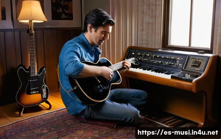 기타 앰프 비교 - **Prompt for "The Warmth of a Vintage Tube Amplifier"**:
    "A male guitarist, appearing around 25-...