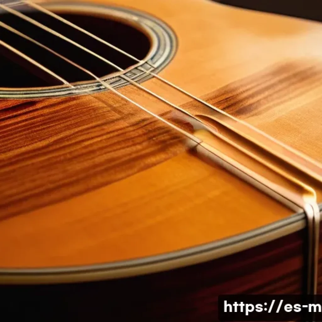 기타 톤 변화 원리 - A detailed close-up of an acoustic guitar showcasing different wood types: mahogany body with warm r...