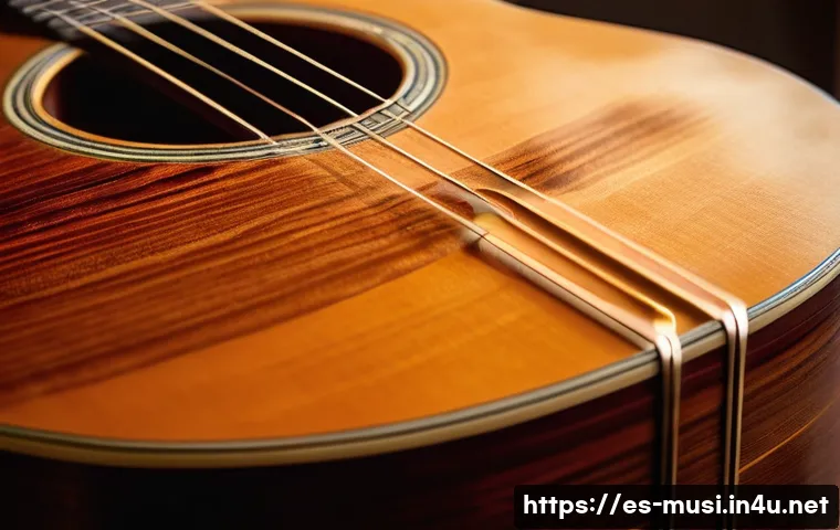 기타 톤 변화 원리 - A detailed close-up of an acoustic guitar showcasing different wood types: mahogany body with warm r...