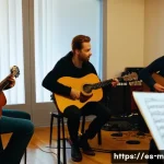 Home 20 기타 합주 시 고려 사항 - A diverse group of guitarists practicing together in a cozy rehearsal room filled with warm lighting...