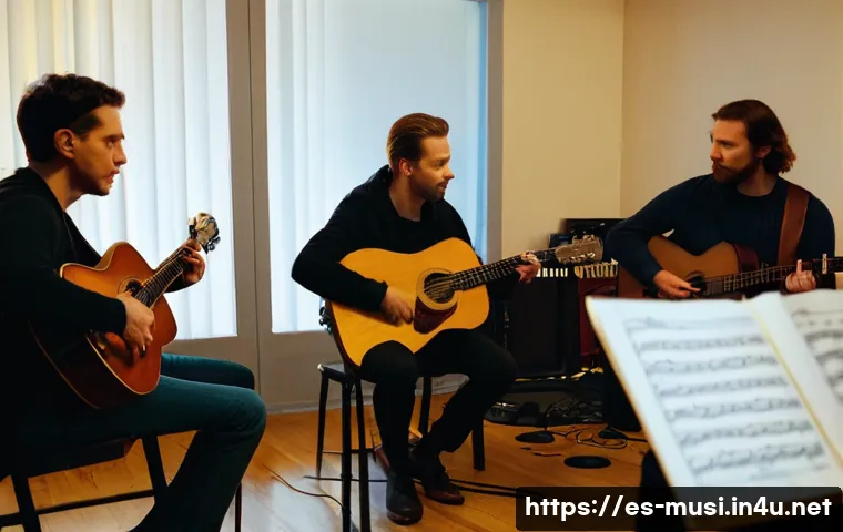기타 합주 시 고려 사항 - A diverse group of guitarists practicing together in a cozy rehearsal room filled with warm lighting...