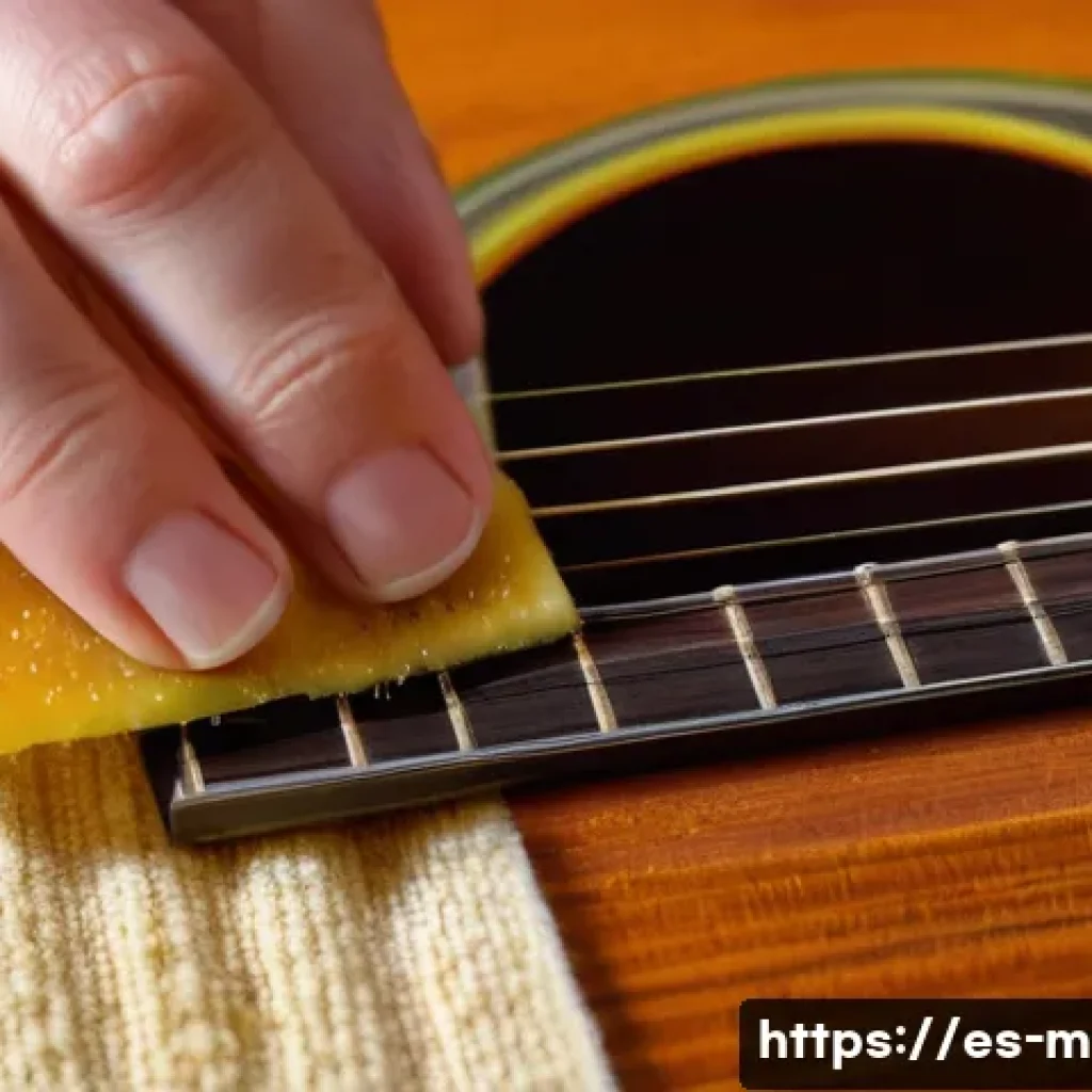 기타 핑거보드 관리 - A close-up scene of a musician’s hand carefully cleaning a rosewood guitar fingerboard with a soft m...