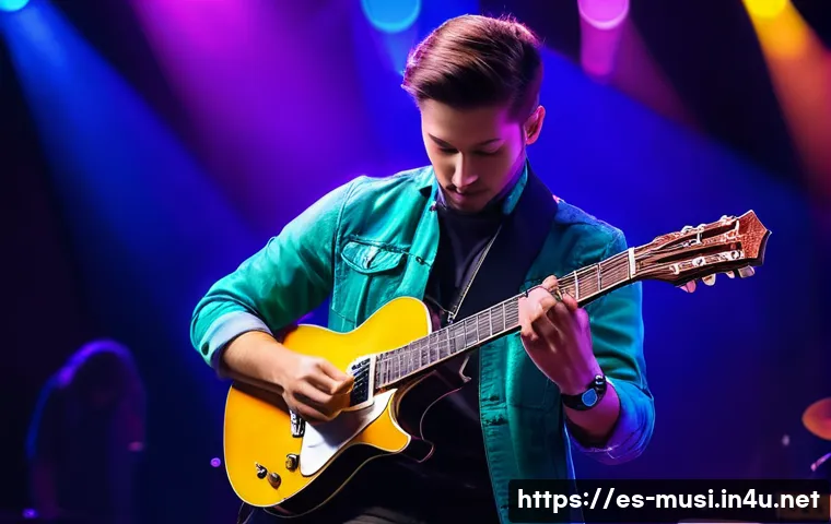 기타 명장 추천 - A skilled guitarist performing on stage, blending classical fingerstyle technique with modern tappin...