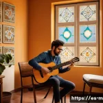 Home 21 기타 연습 효과 높이는 법 - A cozy, well-lit Spanish-style home music room with a young adult practicing guitar. The scene shows...