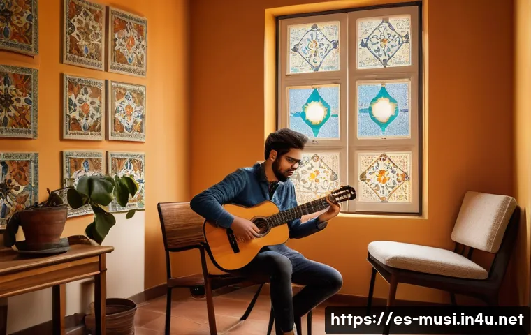 기타 연습 효과 높이는 법 - A cozy, well-lit Spanish-style home music room with a young adult practicing guitar. The scene shows...