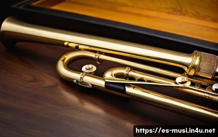 트럼펫과 트롬본 차이 - A detailed close-up of a classical trombone resting on a dark wooden surface, highlighting its large...