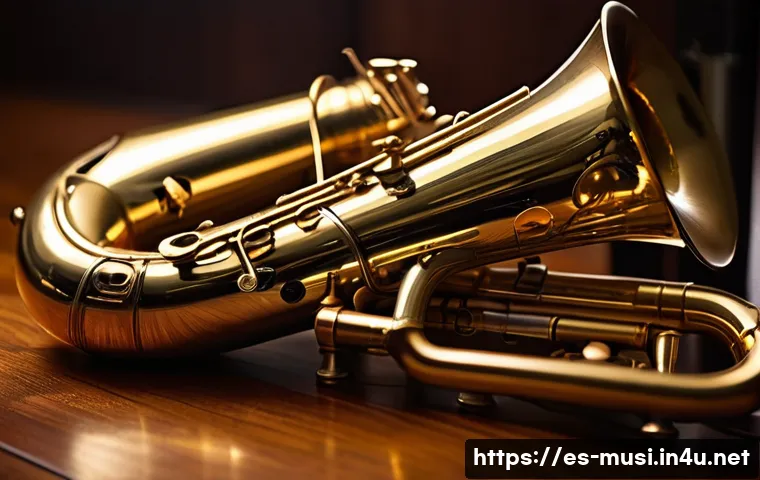 색소폰과 클라리넷 차이 - A detailed close-up image of a shiny brass saxophone resting on a polished wooden surface, highlight...