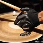 Home 18 드럼 스틱 종류와 선택법 - A detailed close-up image of a professional drummer's hand holding a pair of maple wood drumsticks w...
