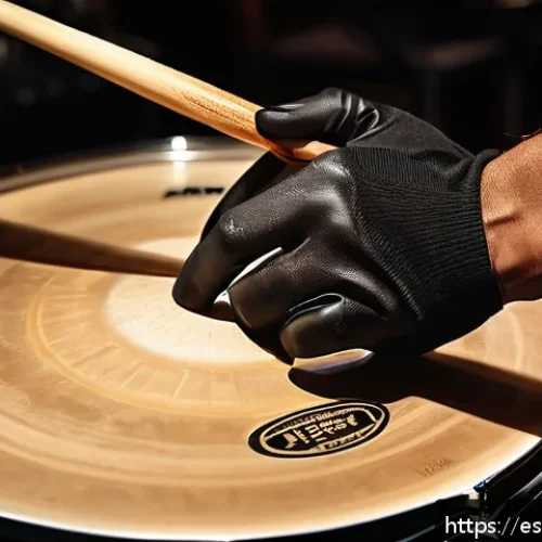 Home 30 드럼 스틱 종류와 선택법 - A detailed close-up image of a professional drummer's hand holding a pair of maple wood drumsticks w...