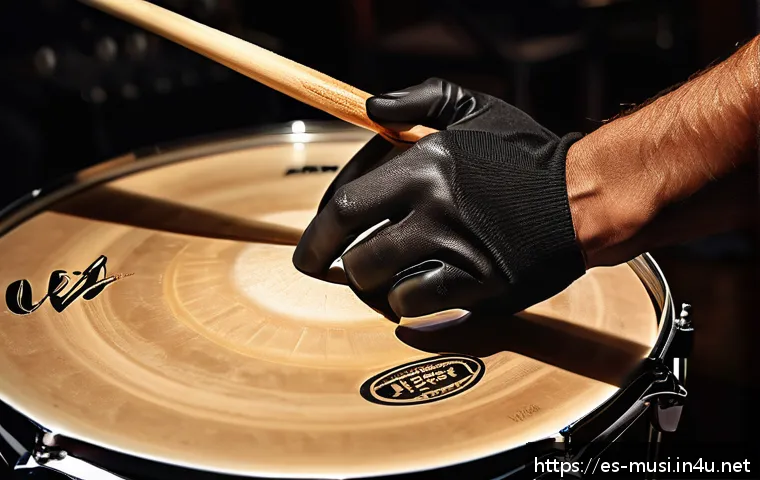 드럼 스틱 종류와 선택법 - A detailed close-up image of a professional drummer's hand holding a pair of maple wood drumsticks w...