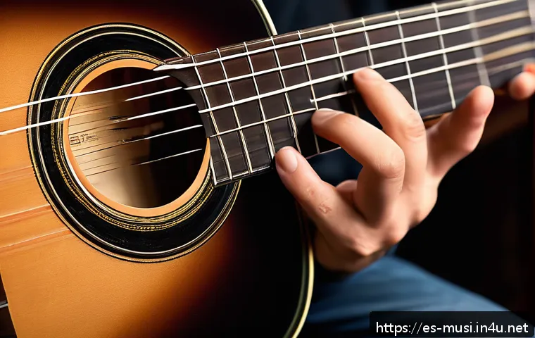 기타 고급 연주 테크닉 - A close-up image of a skilled guitarist&rsquo;s hands demonstrating finger technique on a classical guitar...