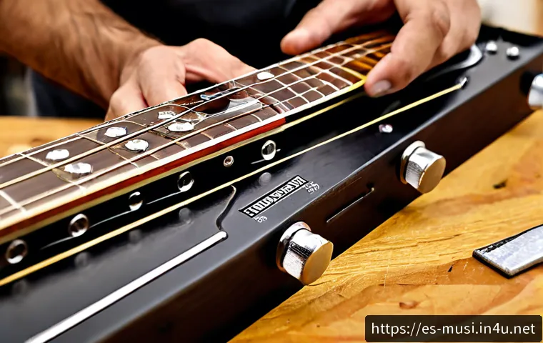 기타 픽업 설치 방법 - Photorealistic close-up of a skilled guitar technician installing a new humbucker pickup into an ele...
