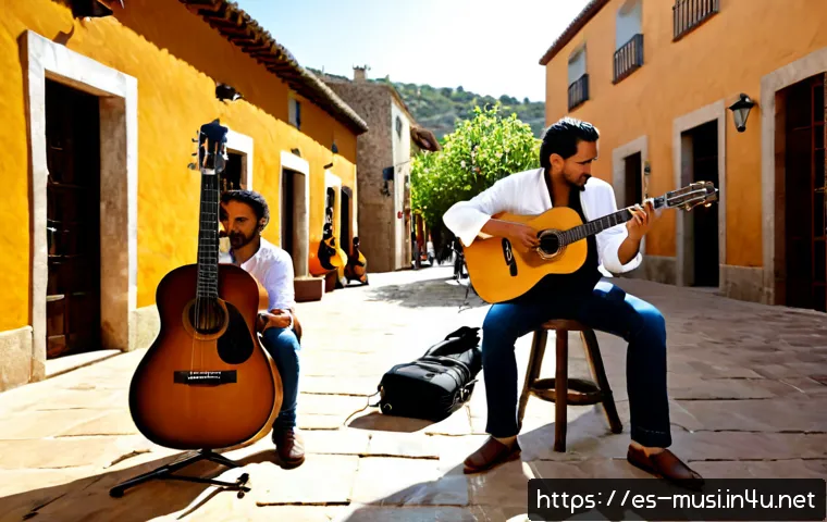 기타 음악 장르별 차이 - Photorealistic split-scene comparison of three guitarists performing distinct Spanish-language music...